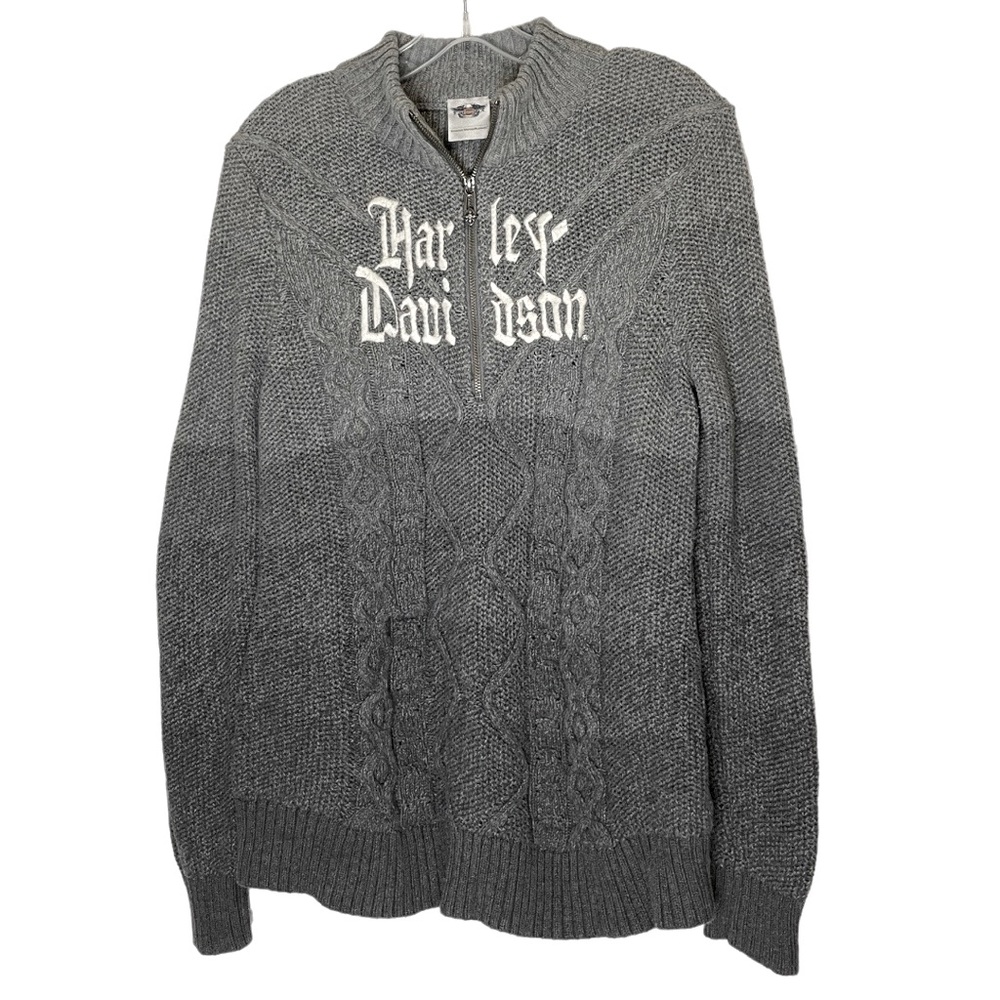 Harley Davidson Ombré Gray Cable Knit Embroidery Front 3/4 Zip Pull Over Sweater - Picture 3 of 12